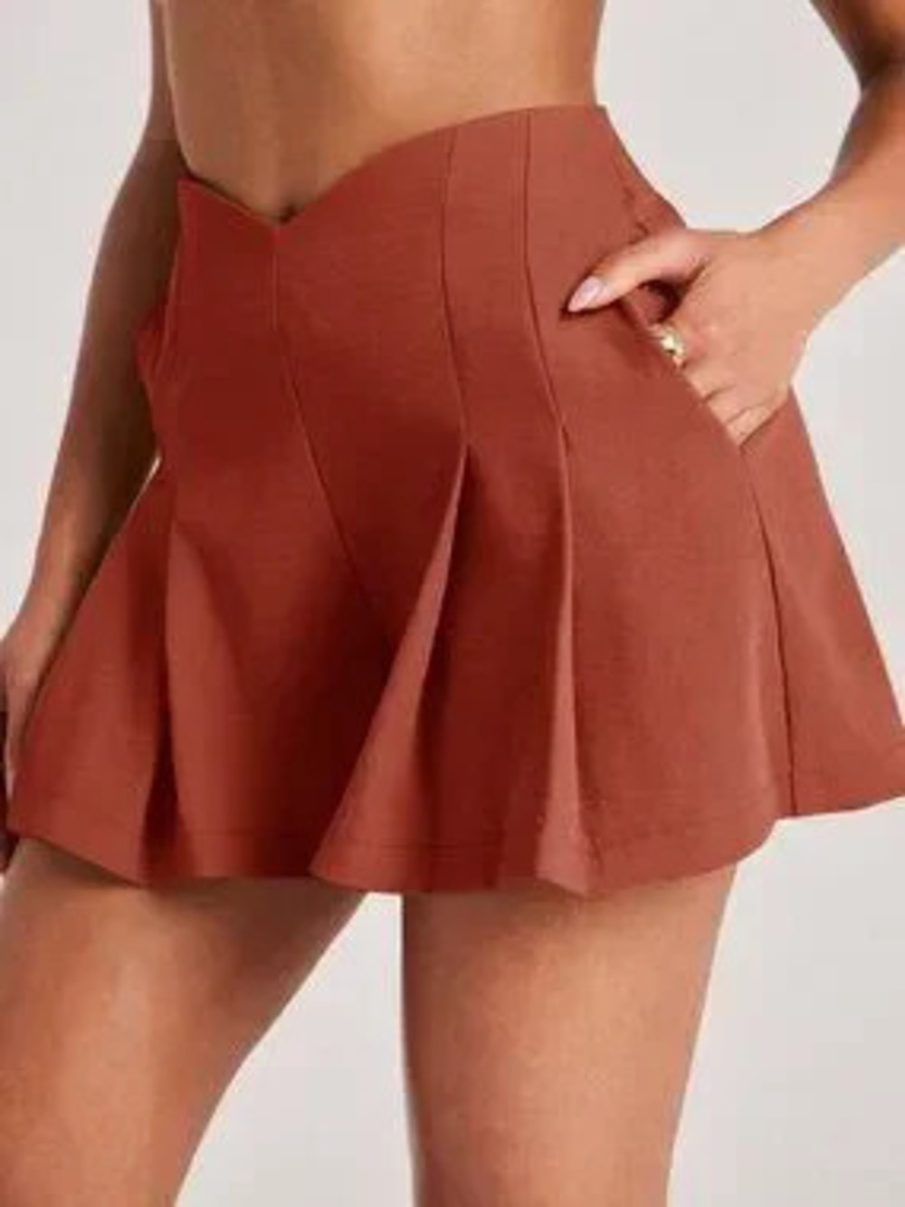 Rust Brown Casual Women's Regular Fit Pleated Lined Mini Length Shorts